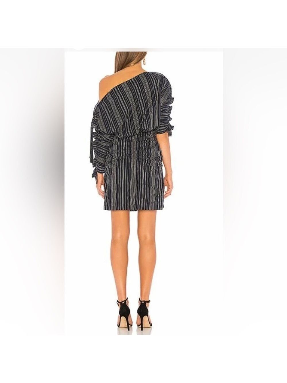 Tanya Taylor Sabra One-Shoulder Striped‎ Ruched Mini Dress Navy Size 6 NWT - Picture 4 of 11
